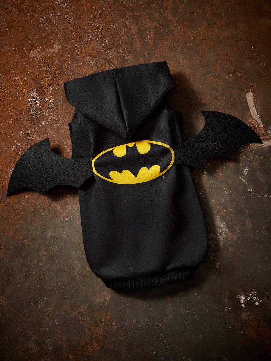 BATMAN X SHEIN 1 件图案印花宠物连帽卫衣，猫咪衣服，狗狗衣服，尺码 XXS-XXXXL，特小号，特大号，翅膀，蝙蝠，Logo，酷炫。 - 黑色 - 查看 1
