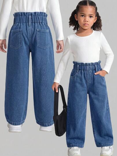 SHEIN Genkimix Kids Quần jeans ống rộng dáng suông kiểu vintage cho bé gái, chất liệu denim bạc màu, thích hợp cho mùa Thu/Đông.