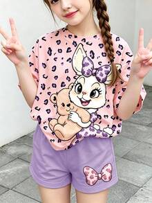 少女卡通印花圆领短袖T恤短裤两件套，休闲简约风格，适合暑期上学、运动、户外野餐、街头拍照 - 白色 - 查看 3