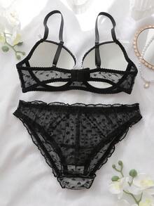 DelicateAllure Bộ áo ngực không gọng phối ren lưới họa tiết trái tim màu tím oải hương, điểm nhấn là nơ trang trí. - màu đen - Xem 2
