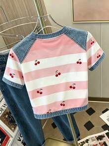 Camiseta de manga corta de ajuste ceñido con estampado digital de frutas versátil para mujer, camiseta con estampado de cerezas todo sobre, camiseta de cerezas, camiseta de frutas - Rosa 2 - Ver 5