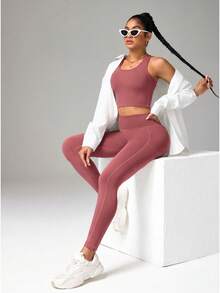 SHEIN Sports Women's Fashionable Versatile Minimalist Tank Top And Casual Tight Leggings Sports Suit - Hot Pink - View 5
