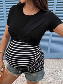 SHEIN 夏季穿搭，撞色扭结孕妇上衣，哺乳上衣 - 黑色 - 查看 4