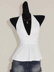 SHEIN ICON Halloween Women's Halter Backless Black Babydoll Tank Top,Summer Top - White - View 5