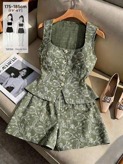 SHEIN Tall CURVE Conjunto de 2 peças com Cardigã de Gola Quadrada Sem Mangas Ajustado na Cintura e Curto, Estampado, Elegante, Vintage e Romântico, para Mulheres Plus Size, Primavera/Verão
