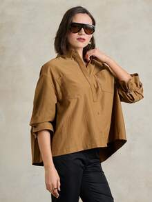 Rouah Blusa holgada con pliegues en la espalda de manga larga color marrón camello con broches premium, puños ajustables fruncidos, camisa de moda para noches de verano - Caqui - Ver 6