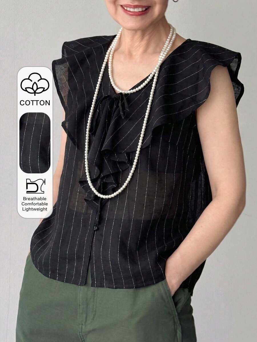 FRIFUL 中老年女性宽松衬衫，多层荷叶边领，通体条纹纹理面料 - 黑色 - 查看 1