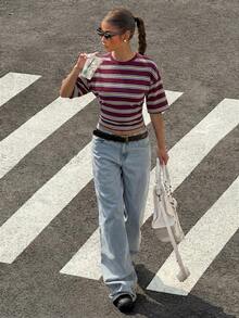 Muchica Casual Minimalist Style Preppy Style Wine Red, Blue, Yellow Striped Women T-Shirt, Suitable For Spring And Summer - Multicolor - View 7