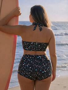 Swim SPRTY Set de 2 piezas de tankini con control de barriga, estampado aleatorio y top de tirantes para mujer talla grande - Negro - Ver 2