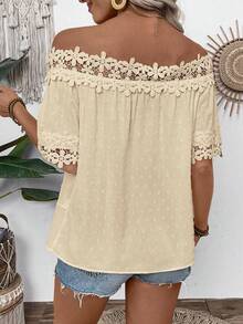 SHEIN LUNE Women's Vacation Off-Shoulder Textured Fabric Ruffle Detail Blouse - Apricot - View 3