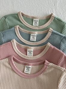 Loomiva Set de 4 piezas de blusas de punto de cuello redondo de manga corta de unicolor para niña bebé - Multicolor - Ver 5