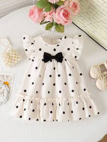 SHEIN Váy bé gái mùa hè họa tiết chấm bi đen trắng + nơ trang trí ngực + tay xòe mềm mại dễ thương - Đen và trắng - Xem 4