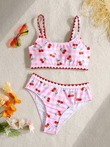 SHEIN Bộ bikini in hình quả anh đào dành cho bé gái tuổi teen, gồm 2 mảnh đồ bơi, kiểu dáng ngọt ngào và thời trang, phù hợp cho mọi dịp, mùa xuân/hè. - Hồng - Xem 1