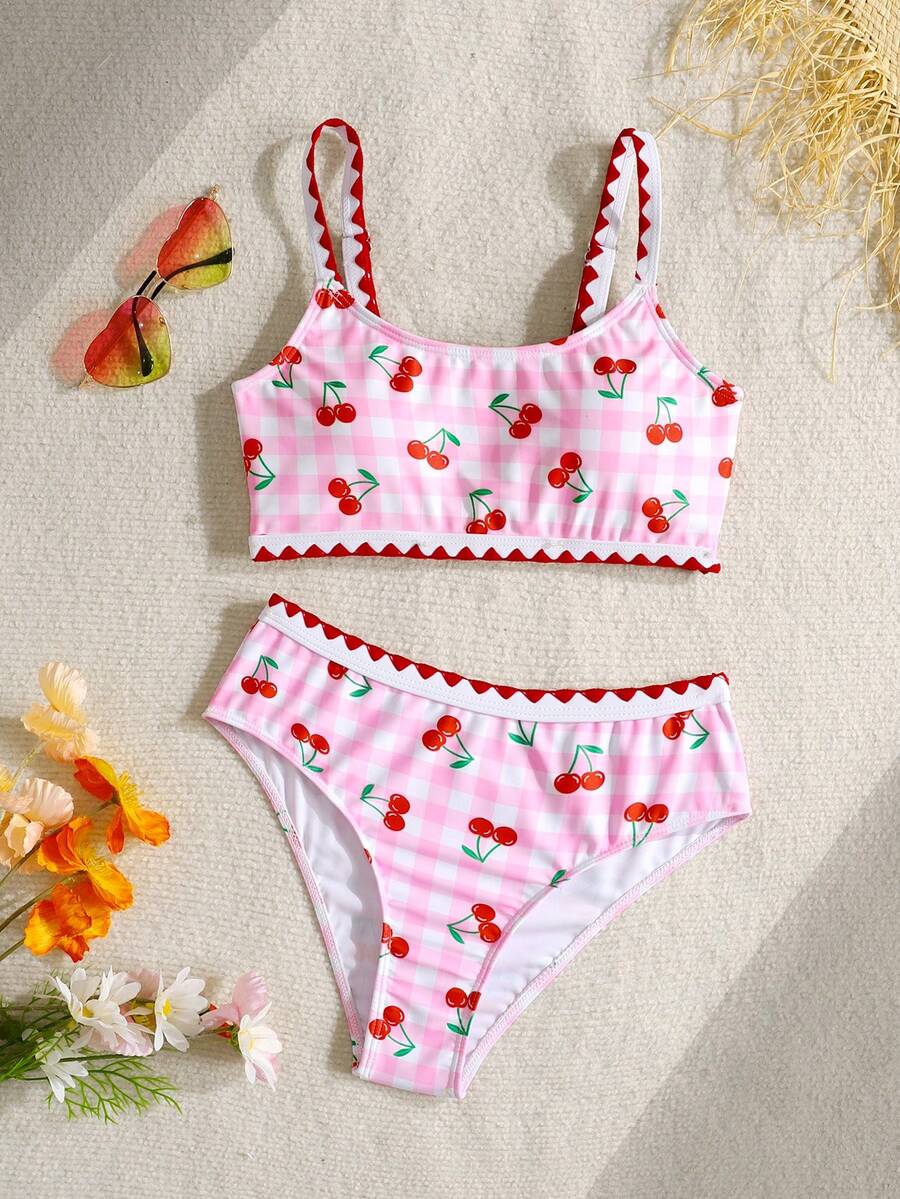 SHEIN Bộ bikini in hình quả anh đào dành cho bé gái tuổi teen, gồm 2 mảnh đồ bơi, kiểu dáng ngọt ngào và thời trang, phù hợp cho mọi dịp, mùa xuân/hè. - Hồng - Xem 1