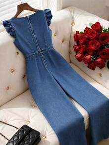 GlowEve Bộ jumpsuit denim nữ dáng rộng tay ngắn thêu hoa, kiểu dáng thường ngày. - Màu xanh lam - Xem 2