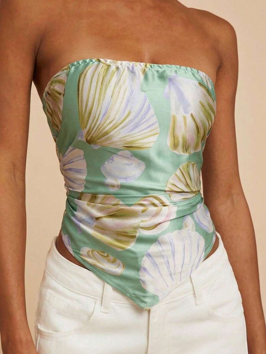 Travachic 女款綠色貝殼印花不對稱下擺抹胸上衣,適合夏季波西米亞海灘度假風,優雅花卉熱帶波希米亞西式派對上衣 - 彩色 - 查看 1
