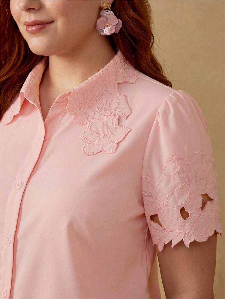 WOMEN'S PLUS COTTON HOLLOW-OUT EMBROIDERED SHORT SLEEVE BLOUSE, SPRING/SUMMER