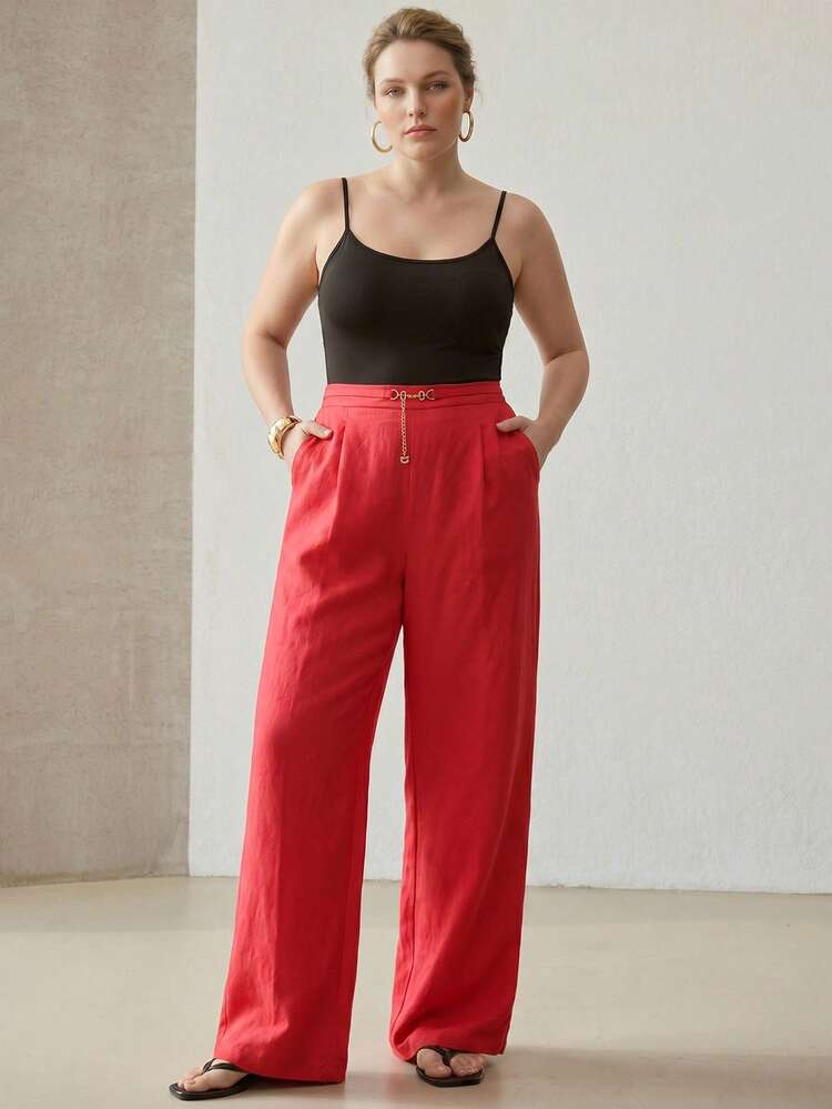 PLUS SIZE WOMEN LINEN WIDE LEG PANTS WITH CHAIN DECOR, LOOSE FIT, SPRING/SUMMER