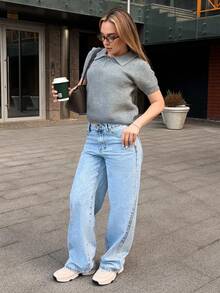 Katetique Women's Fitted Short Sleeve Polo Collar Zip Up Knit Top, Casual Solid Color,Fall Clothes - Grey - View 5