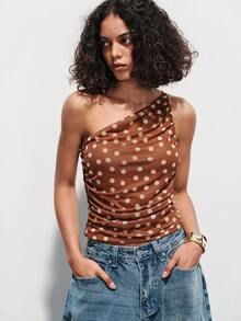 Lumivelle Top femme d'été marron à pois, coupe asymétrique, design asymétrique, épaule unique avec nœud, plissé, tenue printemps/été pour Pâques et festival de musique, top de soirée, robe de plage, tenue de vacances d'été, top marron décontracté pour vacances, plage, croisière, voyage, romantique, à la mode, polyvalent, confortable, style bohème, tenue de plage, minimaliste pour le quotidien, style campagnard, essentiel, motif à pois, tenue décontractée de vacances - Tabac - Voir 4