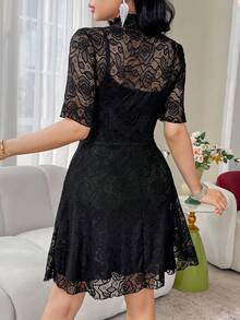 Feyla Women's Lace Collar Short Sleeve Elegant Mini Dress - Black - View 2
