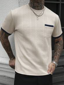 EGENSIO Men's Round Neck Raglan Short Sleeve Contrast Color T-Shirt, Summer Textured Fabric - Apricot - View 6