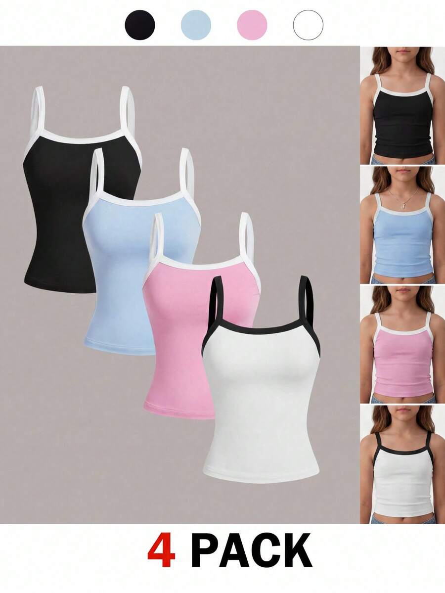 SHEIN Tween Girl 4pcs/Set Knit Patchwork Camisole Casual Intimate Camisole Set - Multicolor - View 1