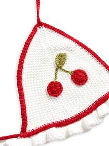 Sweetness Spring Cute Cherry 3D Embroidery Soft Knit Crop Top, Beach Cover Up - Apricot - View 3