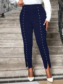 SHEIN Lady 大码女式珍珠装饰开衩及踝长优雅长裤 - 藏蓝色 - 查看 5
