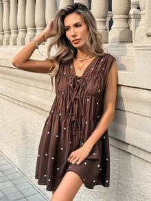 Pariaura Women's New V-Neck Sleeveless Front Drawstring Tie Multi-Layer Ruffle Short Dress - Brown - View 5
