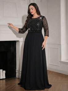 Modelyn Đầm dạ hội dài tay dáng chữ A bằng chiffon thêu họa tiết, cổ tròn, thanh lịch dành cho nữ, thích hợp làm đầm dự đám cưới, đầm tốt nghiệp và đầm phù dâu. - màu đen - Xem 6