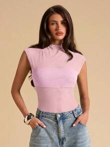 SHEIN BAE Áo liền thân không tay màu đen gợi cảm, chất liệu lưới xuyên thấu, phối họa tiết bất đối xứng. - Màu Hồng baby - Xem 4