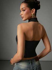 Hauture Sexy Casual Rib Knit Backless Halter Neck Top Summer Fashionable Stretchy Bodycon Sculpted Tank Cami Top - Black - View 2