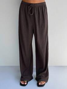 SHEIN PETITE CURVE CURVE 大尺碼女款小個子寬腿長褲，巧克力棕色休閒正式高腰抽繩夏季度假優雅長褲 - 棕色 - 查看 8