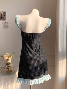 Vestido de mujer con estampado de lunares y parches de encaje - Negro - Ver 5