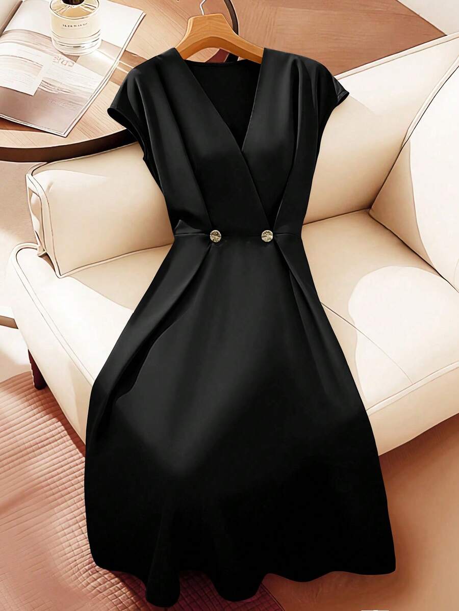 SHEIN Franclia Elegant V-Neck Short Sleeve A-Line Midi Dress, Versatile For Commuting And Leisure, Green, Spring/Summer - Black - View 1