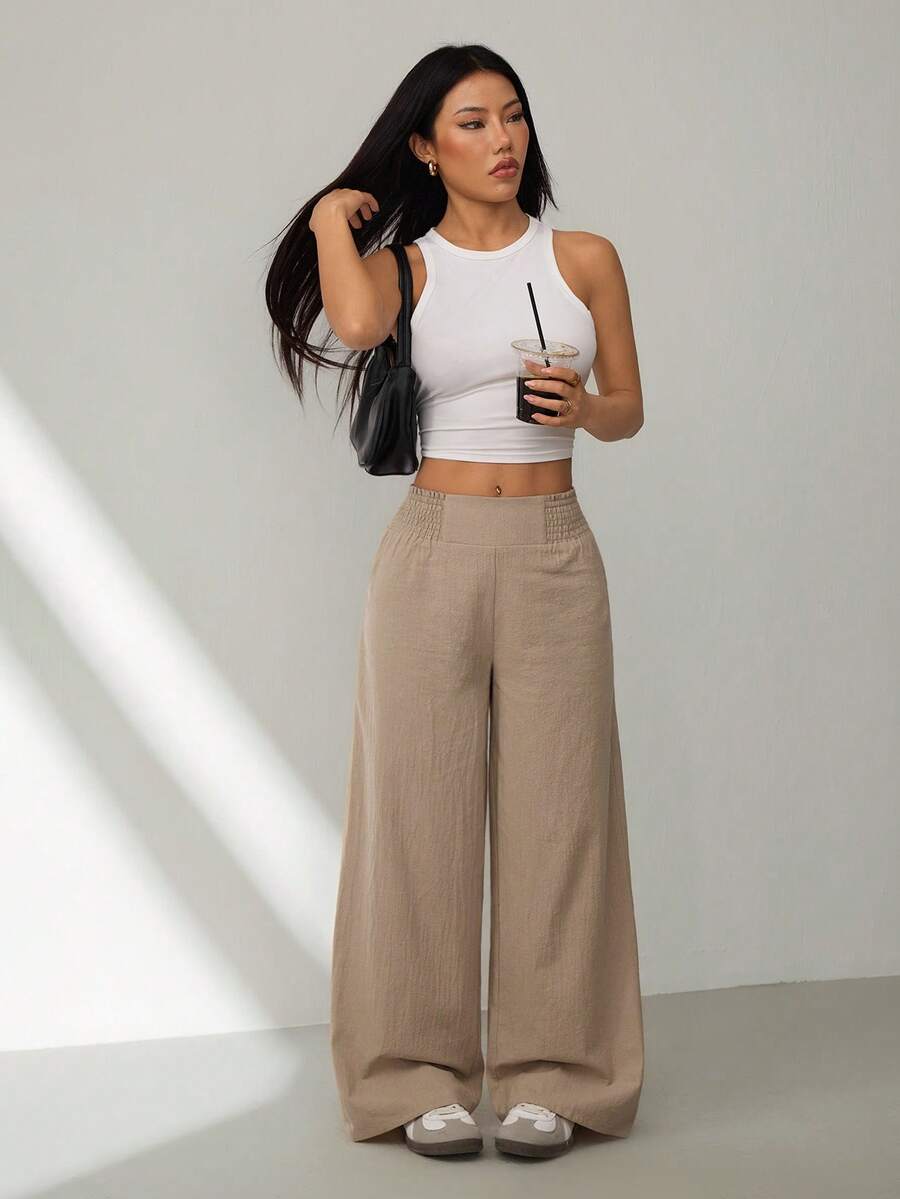SHEIN PETITE 2026春夏新款休闲日常出行、聚会、通勤、返校、约会、居家、生日派对等多种场合皆宜的宽松弹力腰阔腿裤，米色 - 卡其色 - 查看 1
