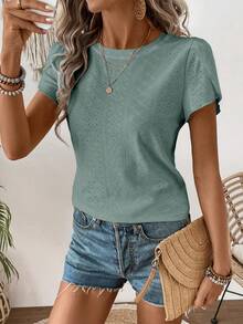 EMERY ROSE Women's Solid Color Round Neck Casual Versatile Daily Wear Short Sleeve T-Shirt - Green - View 4