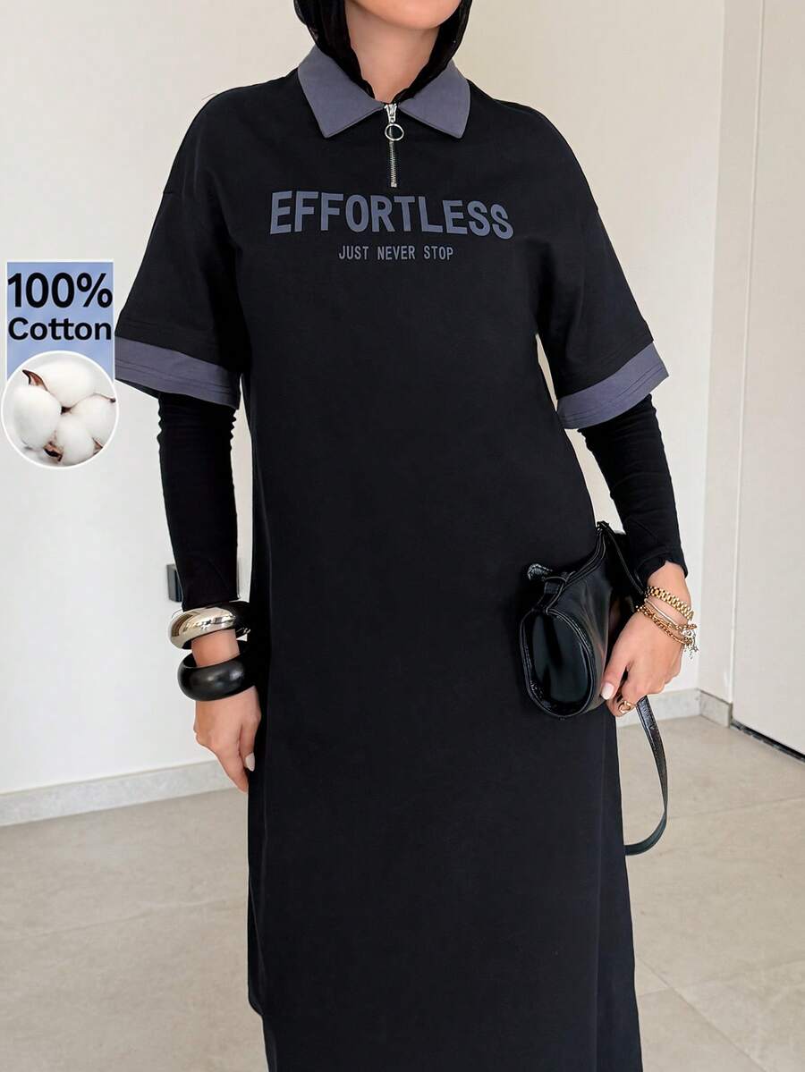 Mulvari Vestido casual de largo medio con estampado de letras para mujer, para fiestas y viajes - Negro - Ver 1