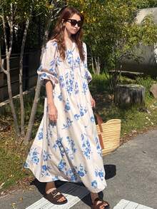 FRIFUL Đầm dài tay in họa tiết toàn thân, phong cách thường ngày, thích hợp cho kỳ nghỉ của nữ. - Nhiều màu - Xem 1