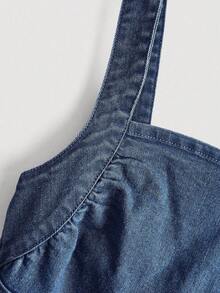 Jeanoix Đầm denim không tay ôm sát, cổ vuông, xếp ly dành cho nữ cỡ lớn - Màu xanh lam - Xem 5