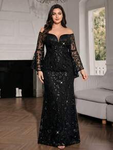 Modelyn Váy dạ hội trang trọng tay kèn hở vai hở lưng thêu sequin sang trọng thanh lịch cho mùa thu đông (Công việc nặng) Váy dạ hội trang trọng hở vai hở lưng một bên vai, thích hợp cho khách dự tiệc cưới, tiệc tối, lễ tốt nghiệp - màu đen - Xem 6
