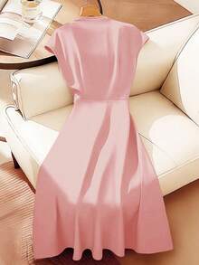 Franclia Elegant V-Neck Short Sleeve A-Line Midi Dress, Versatile For Commuting And Leisure, Green, Spring/Summer - Baby Pink - View 2