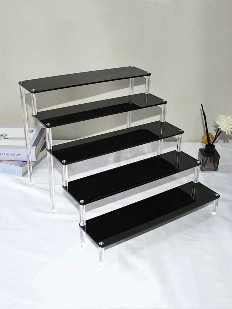 Acrylic Display Rack For Collectibles, Blind Box, Action Figures, Jewelry, Cosmetics - Transparent Tiered Desktop Display Stand - Black - View 1