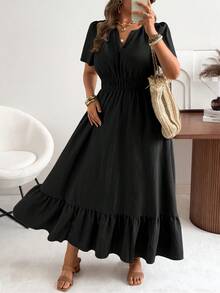 Ceyna Đầm dáng chữ A dài tay cổ chữ V dáng rộng, thanh lịch, thoải mái dành cho nữ cỡ lớn, chất liệu vải có họa tiết, phù hợp dự tiệc cưới, phong cách Bohemian, thích hợp cho mùa xuân/hè. - màu đen - Xem 4