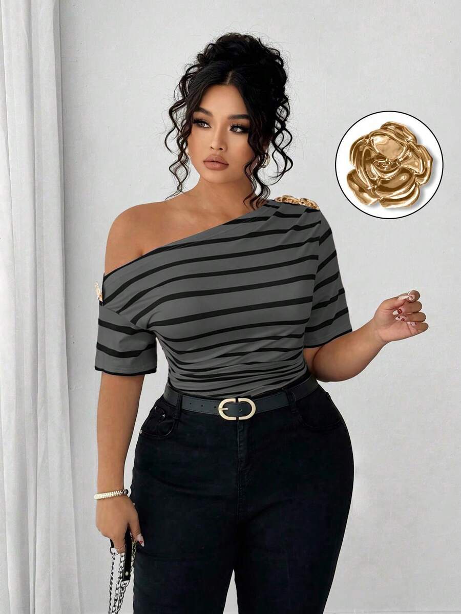 Elenzga Blusa casual y versátil con hombros descubiertos para mujer de talla grande - Gris - Ver 1