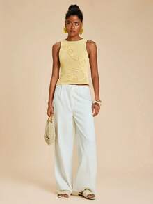 Travachic Yellow 3D Floral Knit Vest, Casual Summer - Yellow - View 3