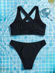 SHEIN Swim SPRTY 新款夏季女士露背交叉绑带黑色休闲度假装 - 黑色 - 查看 8