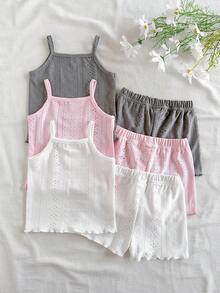 SHEIN Vintaside Kids Baby Girls' Comfortable Versatile Sweet Cute Strap Shorts Set, Summer Multi-Piece Outfit - Multicolor - View 3