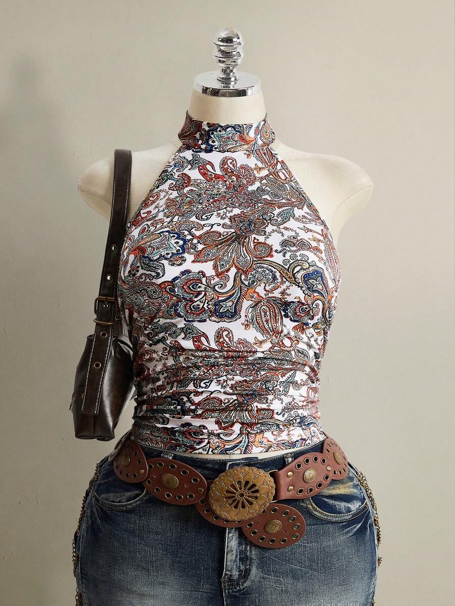 SHEIN ICON 大码 Y2K 夏季外出波西米亚西部乡村音乐会女士性感露背印花吊带上衣，夏季 - 彩色 - 查看 1